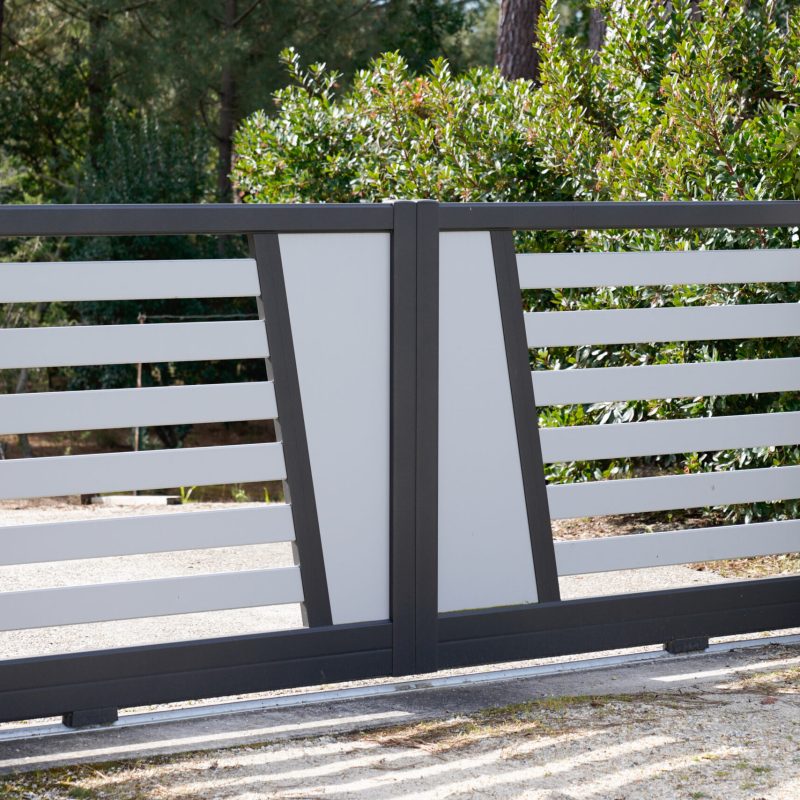 Aluminum sliding modern design grey white portal of suburb entrance door slide house facade